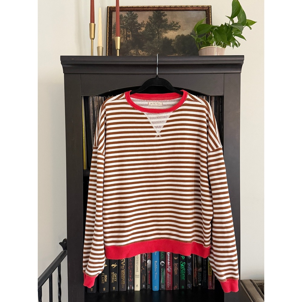 Free People We The Free Sweatshirt L Brown White Stripe Ribbed Trim Pullover